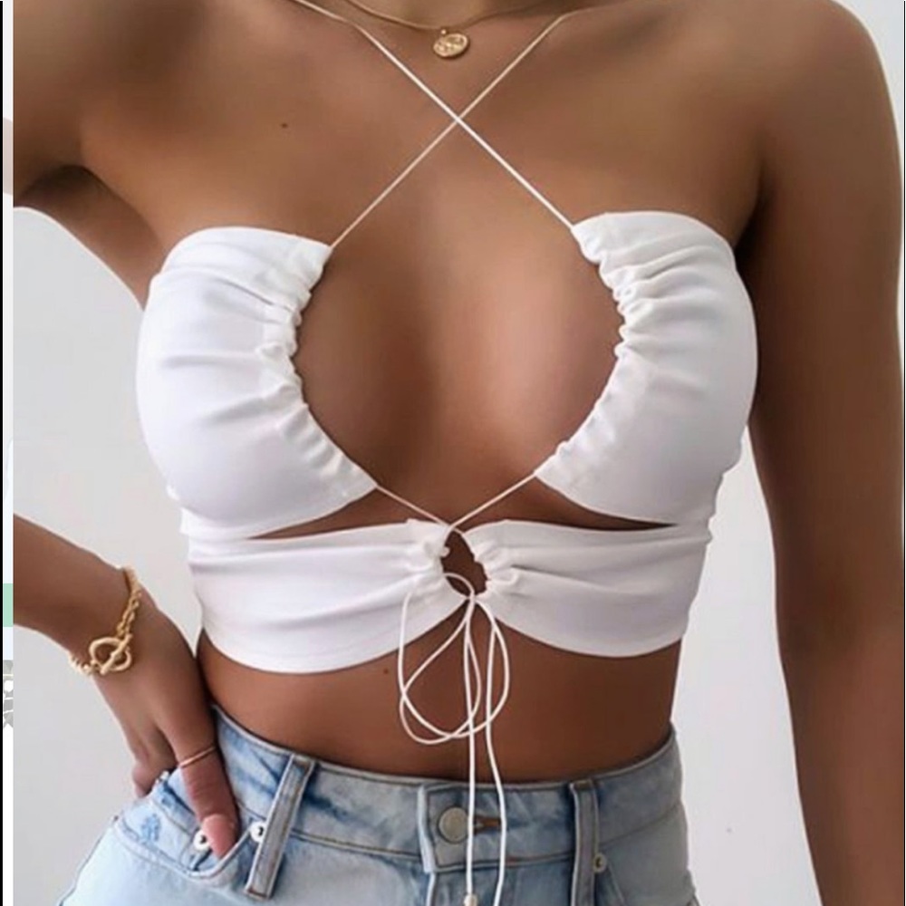 SOLD White Tie Front Crop Top